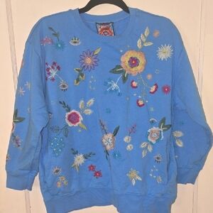 Johnny Was w/*Pockets* Blue Floral Sweater Embroidered